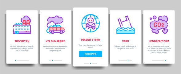Pollution of Nature Vector Onboarding Mobile App Page Screen. Environmental Pollution, Chemical, Radiological Contamination Linear Pictograms. Gas, CO2 Emissions, Dirty Soil, Water, Air Illustration