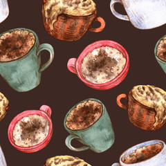 Watercolor cups with hot refreshing coffee