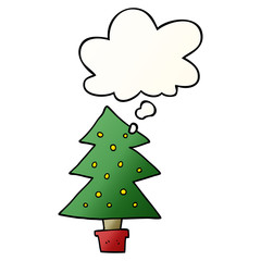 cartoon christmas tree and thought bubble in smooth gradient style