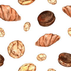 Watercolor seamless pattern of tasty baking