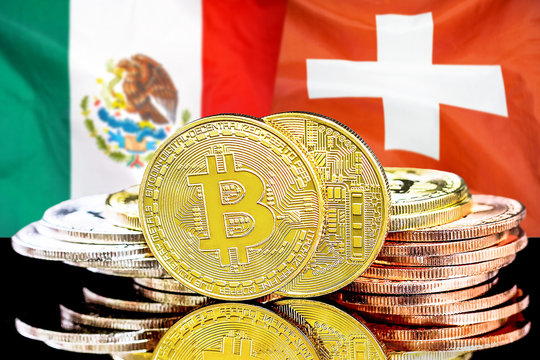 Concept for investors in cryptocurrency and Blockchain technology in the Mexico and Switzerland. Bitcoins on the background of the flag Mexico and Switzerland.