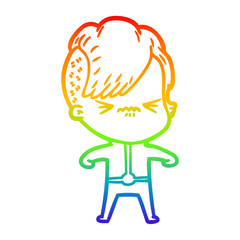 rainbow gradient line drawing annoyed girl in futuristic clothes