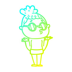 cold gradient line drawing cartoon woman wearing glasses