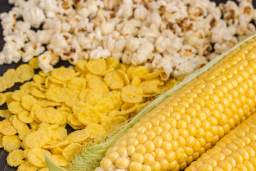 Raw corn cob, popcorn and cornflakes, top view