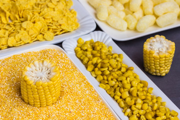 Raw corncob, cornmeal, corn sticks and flakes in white plates, top view