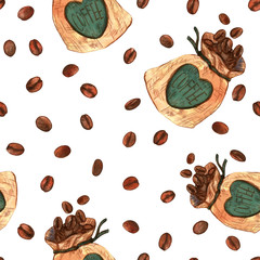 Watercolor seamless pattern of aromatic roasted coffee beans and pouch for storage.