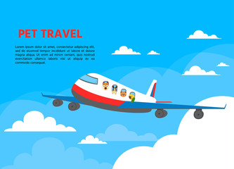 Vector Illustration. Poster or banner travel with pets animals transportation. Pet friendly travel by air with dog, cat, parrot, rabbit.