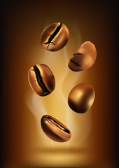 Coffee beans set on a dark background and steam, for design. Vector