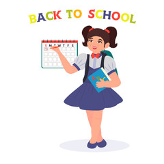 School girl in school uniform holding a book. Back to school design template. Vector illustration