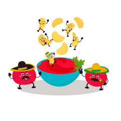 Fototapeta premium Funny tomatos character in sombrero with chips in a plate with ketchup. Cute mexican food vector cartoon illustration. Best friends concept design