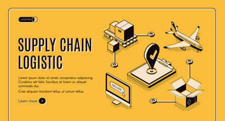 Business logistics service, commercial goods delivery company isometric vector web banner, landing page template with supply chain elements, transport, tools and equipment line art illustrations