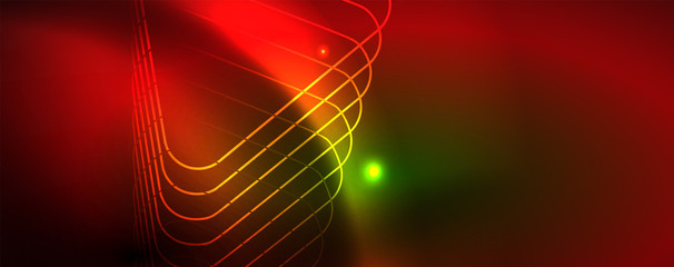 Techno glowing background, futuristic dark template with neon light effects and simple forms, vector