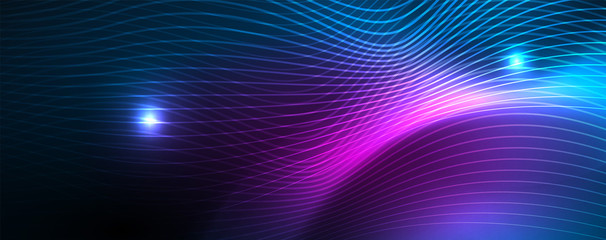 Smooth wave lines on blue neon color light background. Glowing abstract wave on dark, shiny motion, magic space light