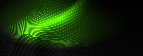 Smoky glowing waves in the dark. Dark abstract background with neon color light and wavy lines. Vector