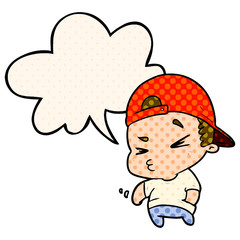 cartoon cool kid and speech bubble in comic book style