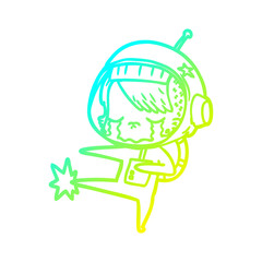 cold gradient line drawing cartoon crying astronaut girl kicking