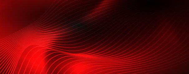 Smoky glowing waves in the dark. Dark abstract background with neon color light and wavy lines. Vector