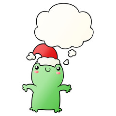 cute cartoon frog wearing christmas hat and thought bubble in smooth gradient style