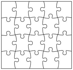 Set of black and white puzzle pieces. Jigsaw grid puzzle 20 pieces. Line mockup - stock vector.