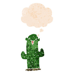 cartoon cactus and thought bubble in retro textured style