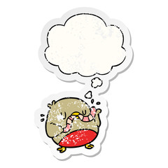 cartoon robin with worm and thought bubble as a distressed worn sticker