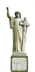 Old cemetery statue of woman on white background