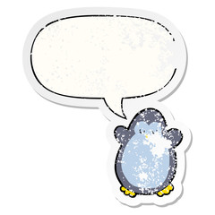 cartoon penguin and speech bubble distressed sticker