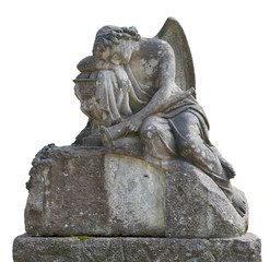 Obraz premium Old cemetery statue of angel on white background