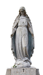 Old cemetery statue of woman on white background