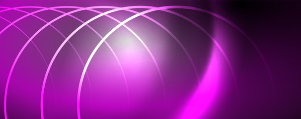 Shiny neon lights, dark abstract background with blurred magic neon light curved lines