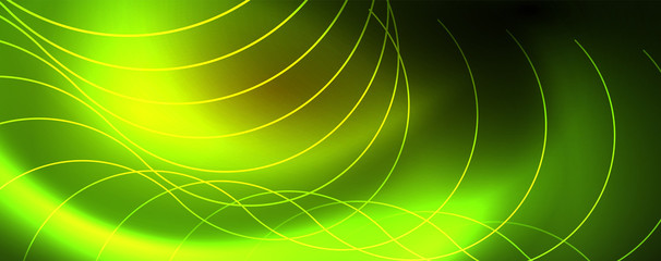 Bright neon circles and wave lines, glowing shiny background design template, digital techno concept.
