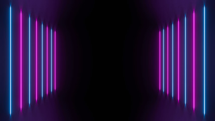Neon ultraviolet passage, futuristic perspective 3d illustration. Glowing blue and pink geometric shapes, reflection floor, fluorescent effect.