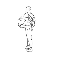 Fototapeta na wymiar Young man with large bag on his shoulder turned his back vector line art black white sketch isolated illustration.