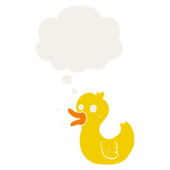 cartoon quacking duck and thought bubble in retro style