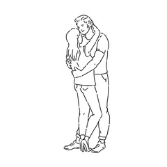 Young woman and man couple hugging vector line art black white sketch isolated illustration.