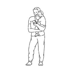 Father holds son his arms and looks into phone vector line art black white sketch isolated illustration.
