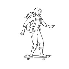 Obraz na płótnie Canvas Young girl ride skateboard vector line art flat black white sketch isolated illustration.