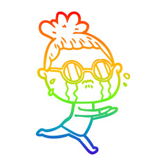 rainbow gradient line drawing cartoon crying woman wearing spectacles