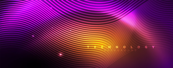 Shiny neon lights, dark abstract background with blurred magic neon light curved lines
