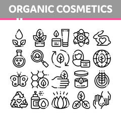 Organic Cosmetics Vector Thin Line Icons Set. Organic Cosmetics, Natural Ingredient Linear Pictograms. Eco-friendly, Cruelty-free Product, Molecular Analysis, Scientific Research Contour Illustrations