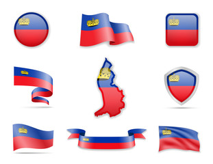 Liechtenstein flags collection. Vector illustration set flags and outline of the country.