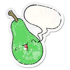 cartoon pear and speech bubble distressed sticker