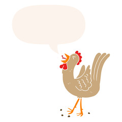 cartoon crowing cockerel and speech bubble in retro style