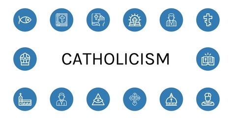 Set of catholicism icons such as Christianity, Bible, Pastor, Orthodox cross, Monastery, Priest, God, Vatican, Pope , catholicism