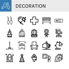 Set of decoration icons such as Forest, Earrings, Burst, Cross, Bench, Cracker, Candle, Bird cage, Cactus, Chair, Brush, Banner, Armchair, Fire, Desk lamp, Full length mirror , decoration