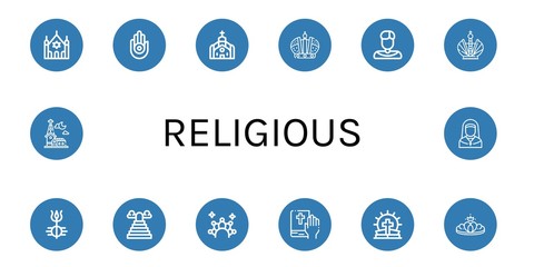 Set of religious icons such as Synagogue, Jainism, Church, Crown, Priest, Shiva, Heaven, Bible, Nun , religious
