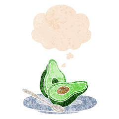 cartoon avocado and thought bubble in retro textured style