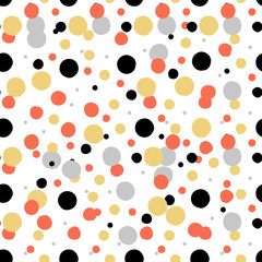 Ditsy vector polka dot pattern with random hand painted circles in white, black, coral red, silver, gold colors. Seamless texture in vintage 1960s fashion style. Modern background with round shapes