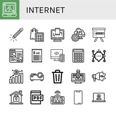Set of internet icons such as Laptop, Pencil, Calculator, Responsive, Api, Article, Bill, Code, Seo, Chat, Bitcoin, Projector, Bin, Satellite, Advertising, Lock, Pdf file , internet