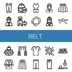 Set of belt icons such as Trousers, Engineer, Conveyor, Clothes, Life saver, Skirt, Black belt, Bathrobe, Pulley, Kimono, Blouse, Engineering, Pencil skirt , belt